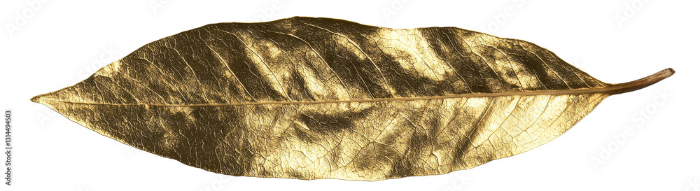 Poster A leaf's intricate natural texture is replicated in a golden metallic finish, complete with detailed veins, and isolated on a transparent background in a png file