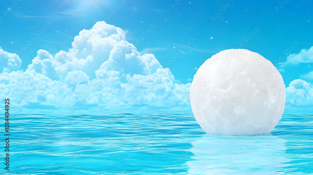 Poster floating sphere on serene blue water with clouds in the background