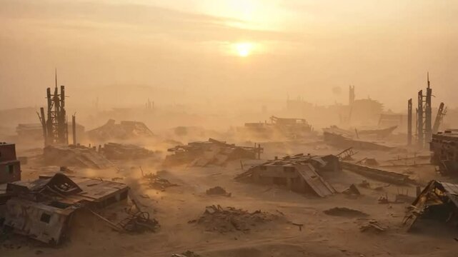 Post-Apocalyptic Deserted City in Sandstorm at Sunset
