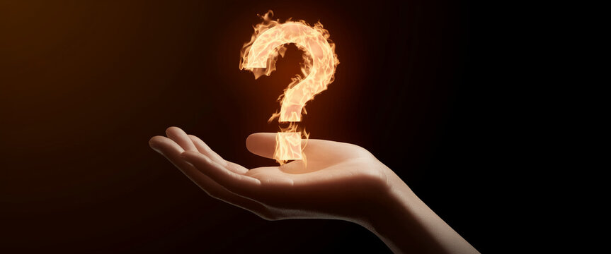 A fiery large question mark rests gently on an open palm, suggesting burning questions and seeking answers, a concept of curiosity and enigma