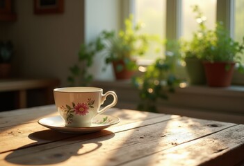 Fototapeta premium morning break scene featuring empty coffee cup resting rustic wooden table natural light enhancing relaxed atmosphere, breakfast, brunch, mug, drink, bistro