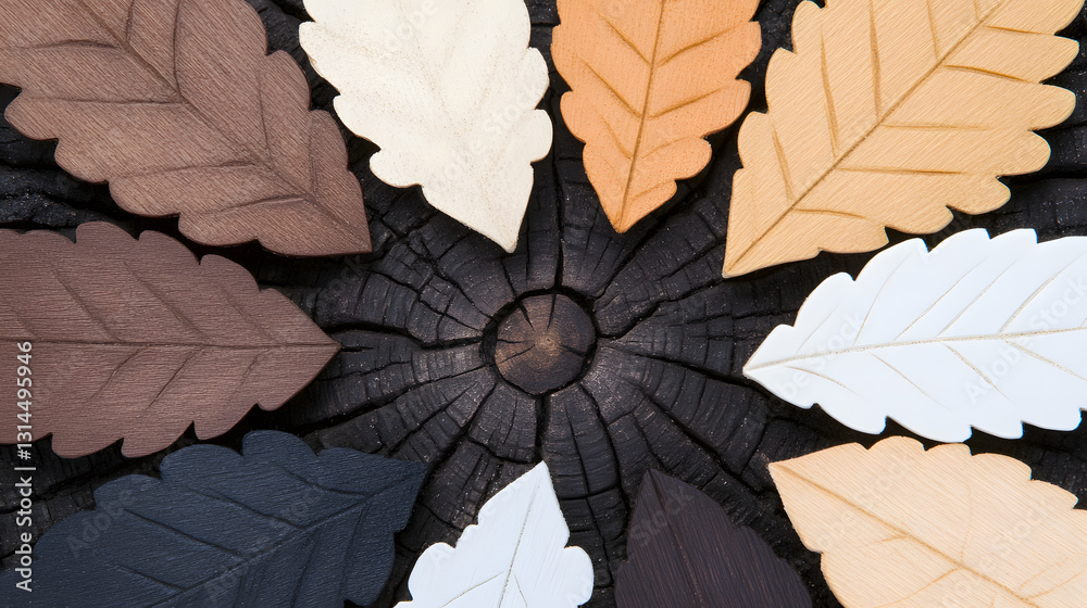 Poster Colorful leaves arranged in a circular pattern on a dark background