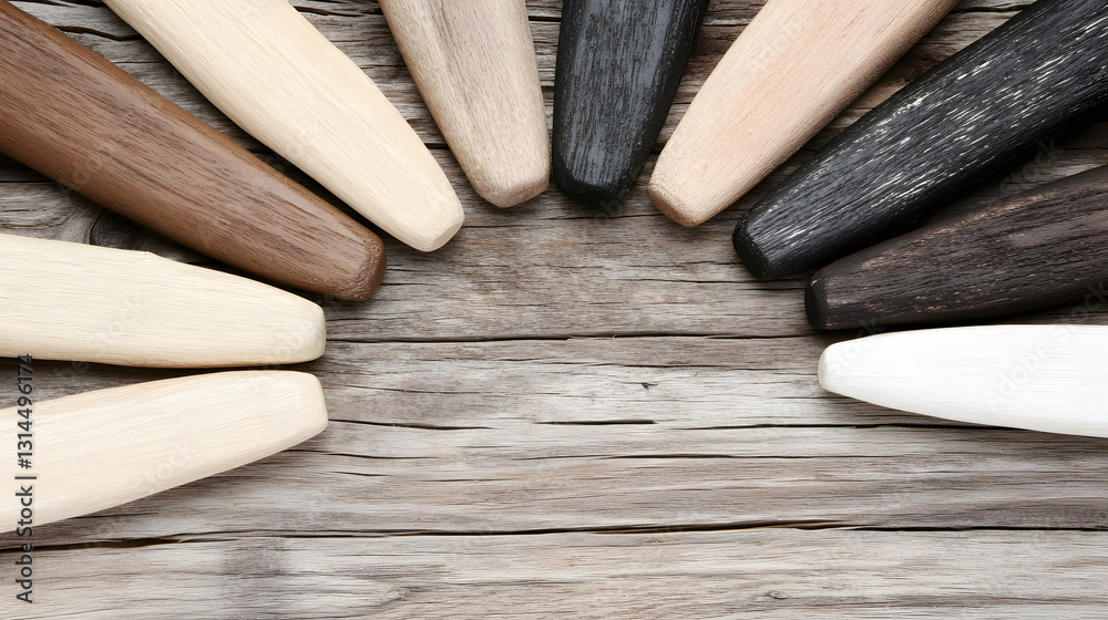 Poster Wooden objects arranged in a circular pattern on a wooden surface