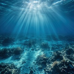 Obraz premium Underwater Sunlight Illuminating Ocean Floor with Coral Reefs and Sandy Seabed in Tranquil Blue Depths