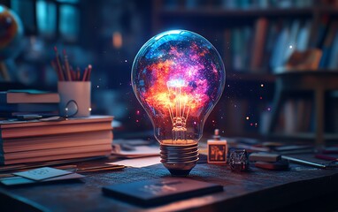 Magical glowing lightbulb infused with colorful energy, resting on a desk filled with books and artistic stationery, ultrarealistic, fantasy vibes, 8K resolution, Midjourney v6