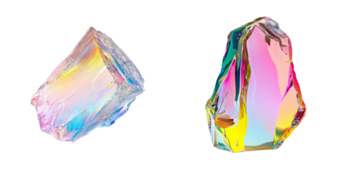 A crystal shard with a gradient of orange, pink, and blue tones, sharp edges, and a glossy finish is perfect for adding an abstract and decorative touch to designs, provided as a png with a