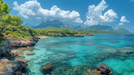 Fototapeta premium Mediterranean Paradise: Turquoise Waters and Majestic Mountains