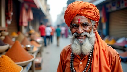 Obraz premium Elderly Bearded Man in Traditional Orange Turban on Busy Indian Street