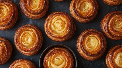 Fototapeta premium Delicious freshly baked pastries arranged beautifully on a dark surface.