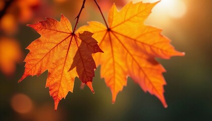Fototapeta premium Close-up of autumn leaves on banner with warm orange hues, seasonal, close-up