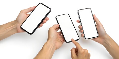 Group of Hands Holding Smartphones with White Screens