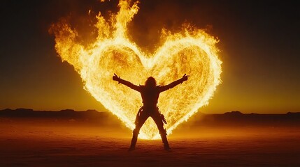 Fiery heart desert silhouette, sunset backdrop, love concept