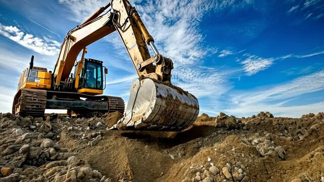 Low-angle shot of a yellow excavator on a construction site, capturing its powerful presence against a blue sky, resembling a dynamic video frame.