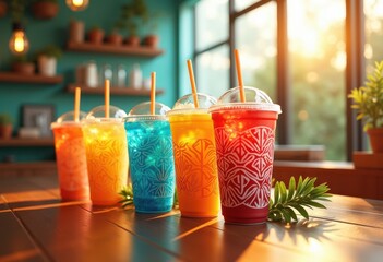 vibrant display stunning drink cups showcasing bright colors unique designs refreshing beverages, mug, container, ceramic, glass, plastic, style, shape