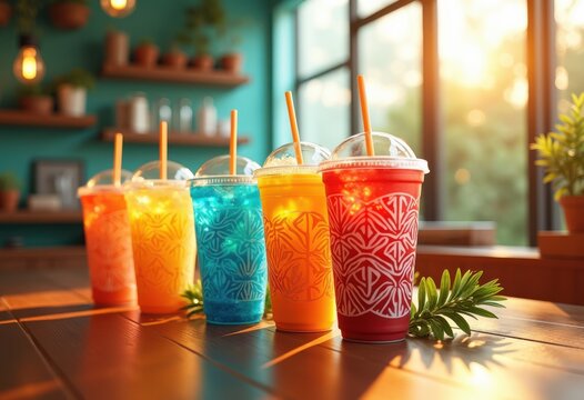 vibrant display stunning drink cups showcasing bright colors unique designs refreshing beverages, mug, container, ceramic, glass, plastic, style, shape