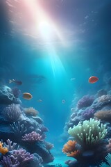 Obraz premium An underwater city that boasts bioluminescent buildings, schools of colorful fish darting through transparent tunnels, and coral gardens in the background