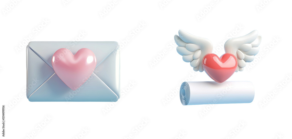 Aufkleber A 3D icon element illustration shows an empty paper scroll accompanied by red heart wings