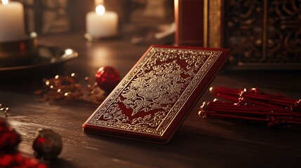 Ornate book, Christmas setting, candlelight, dark wood