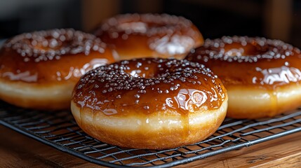 Delicious glazed donuts cooling on a wire rack, ready for enjoyment and indulgence.