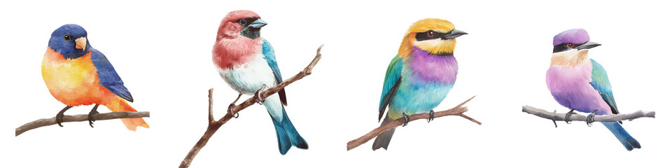 Obraz premium The png image showcases a watercolor bird, with feathers of bright colors, sitting on a branch, featuring a blend of vivid and rich hues, isolated on a transparent background