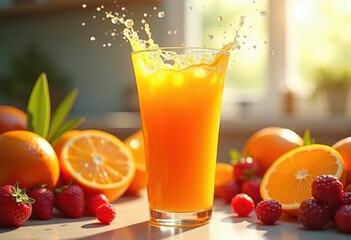 Fototapeta premium bright colorful fruit juice splashing vigorously inside transparent glass vibrant liquid elements, apple, berry, cocktail, citrus, clear, droplet, drink