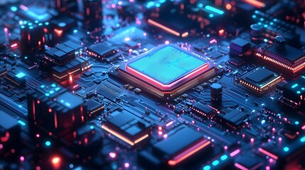 Obraz premium Cybercore's Glow: A close-up view of a futuristic computer core, radiating vibrant blues and reds, symbolizing the core of processing power and digital innovation.