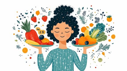 Balanced Diet Harmony: a woman's healthy dietary choices depicted with organic fruits and vegetables, promotes well-being and balance.