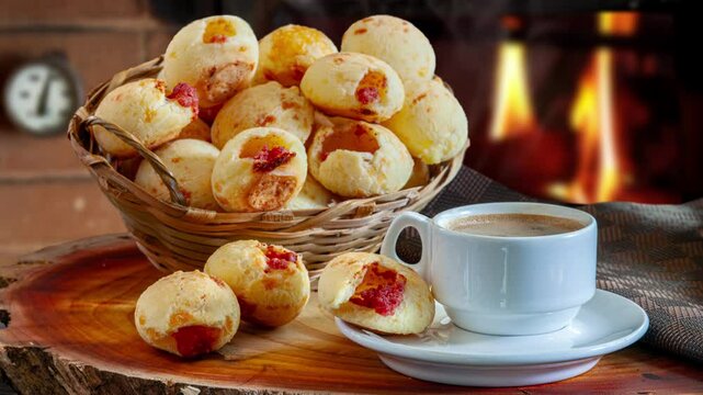 cheese bread with coffee, pao de queijo