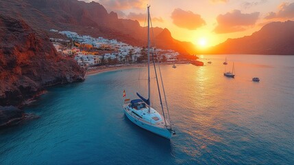 Sunset Sailboat in a Picturesque Coastal Town