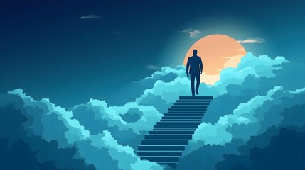 Ascending to Success: A lone figure in a business suit confidently ascends a stairway to heaven amidst a sea of clouds, illuminated by a radiant moon.