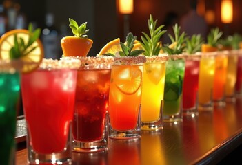 vibrant glassware displays colorful cocktail ingredients showcasing festive drink presentation, beverage, cocktails, drinks, garnishes, citrus, mixers