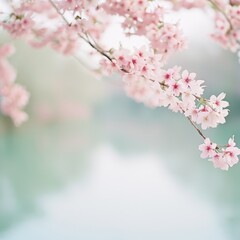 Delicate pink cherry blossoms gracefully adorn a serene backdrop, creating a tranquil spring atmosphere.
