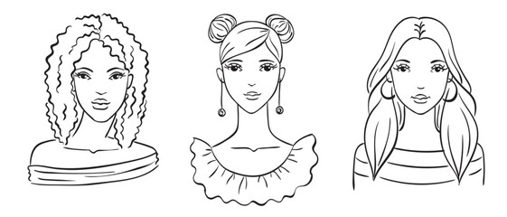Vector doodle illustrations of cute girls. Women avatars, hand drawn sketches.