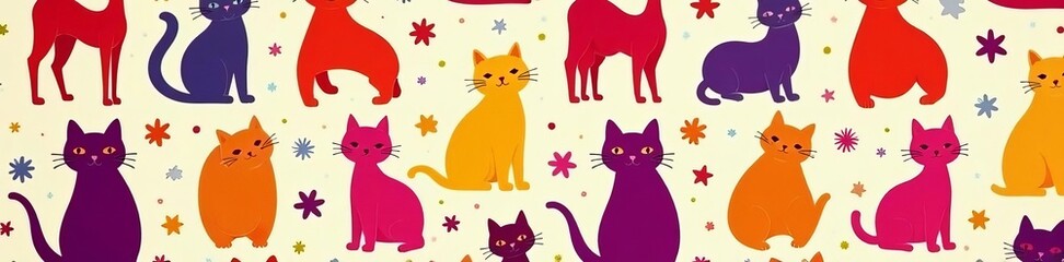 Colorful cat shapes filling a seamless pattern on a bright background, silhouette, meow