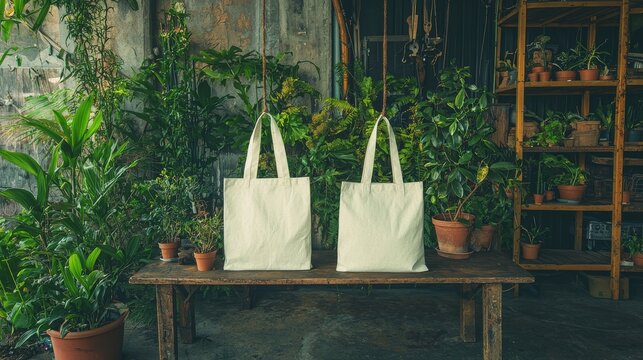 The mockup of a white tote bag provides a customizable space to display eco-friendly merchandise