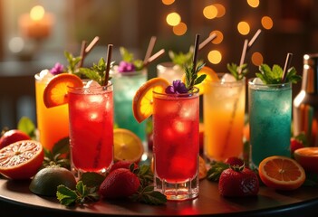 vibrant festive cocktail glasses elegantly arranged colorful garnishes showcasing celebratory designs lively textures, cocktails, drinkware, tropical