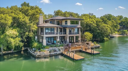 Obraz premium Luxury Lakefront Mansion: Stunning Waterfront Estate with Private Docks
