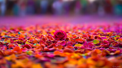 Single Pink Rose Amidst Colorful Flower Petals
