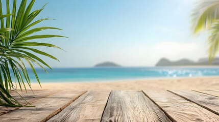 Empty Wooden Table Top With Blurred Tropical Beach Background on a Sunny Day