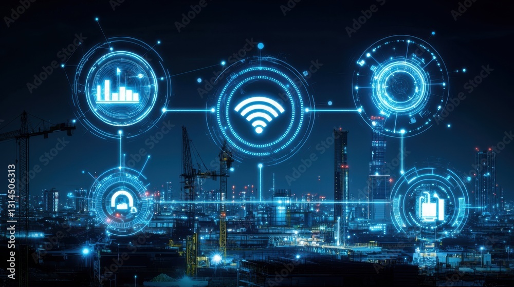 Poster smart construction site with iot sensors optimizing workflow and safety