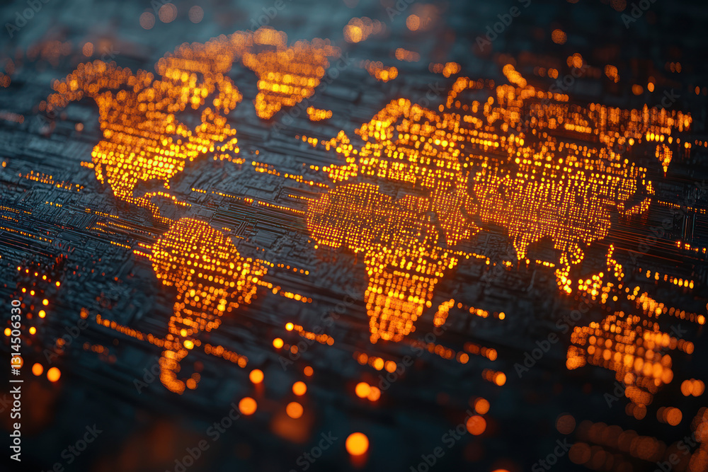 Poster a digital world map created from a multitude of glowing dots and lines resembling the structure of a