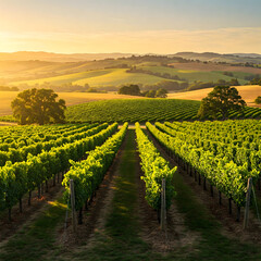 Fototapeta premium Lush vineyard rows extend into the distance, green vines, rolling hills beyond, tranquil agricultural landscape under a soft sky
