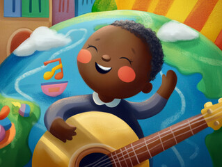 a happy boy with a musical instrument