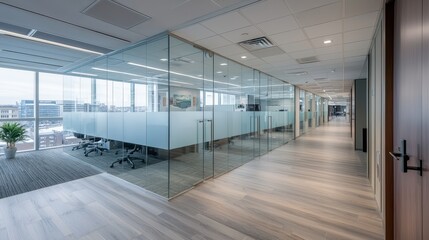 Modern Office Interior with Glass Partitions and Natural Light