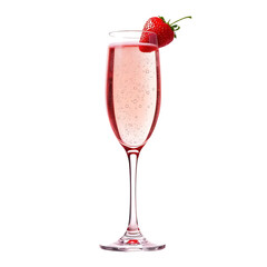 glass of champagne with strawberry, isolated on transparent background.