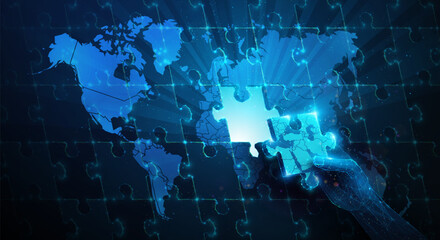 Lowpoly Hand Resolve Middle East Crisis World Map Puzzle. Abstract geometric illustration on geopolitical synergy partnership, global crisis management concept by wireframe mesh on blue background