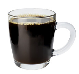 Black Americano filter coffee in a transparent glass mug isolated on white background.