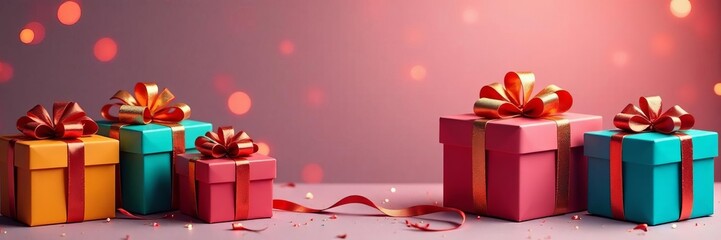Obraz premium Colorful gift boxes with shiny bows and ribbons on festive background, holidays, wrapping paper