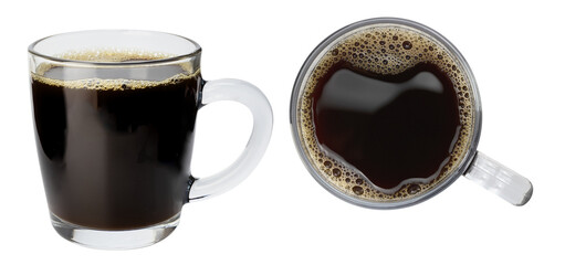 Black Americano coffee in a transparent glass mug side view and view from above isolated clipping...