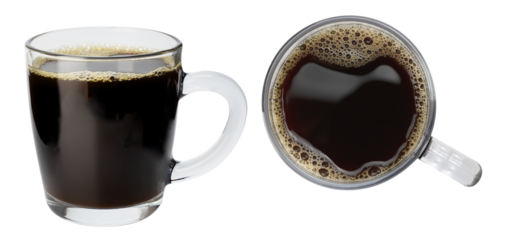 Black Americano coffee in a transparent glass mug side view and view from above isolated clipping path on white background.